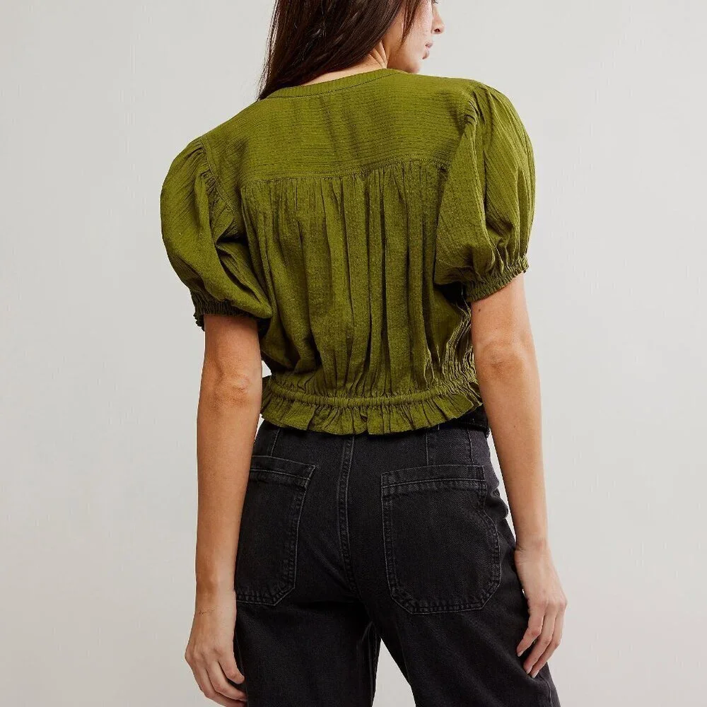 Free People Olive Green Cropped Blouse Top NEW